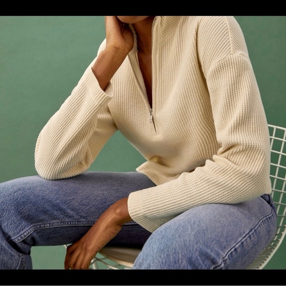 Reformation Yale Cotton Waffle Pullover Zip in Ivory Size Medium - Picture 1 of 8